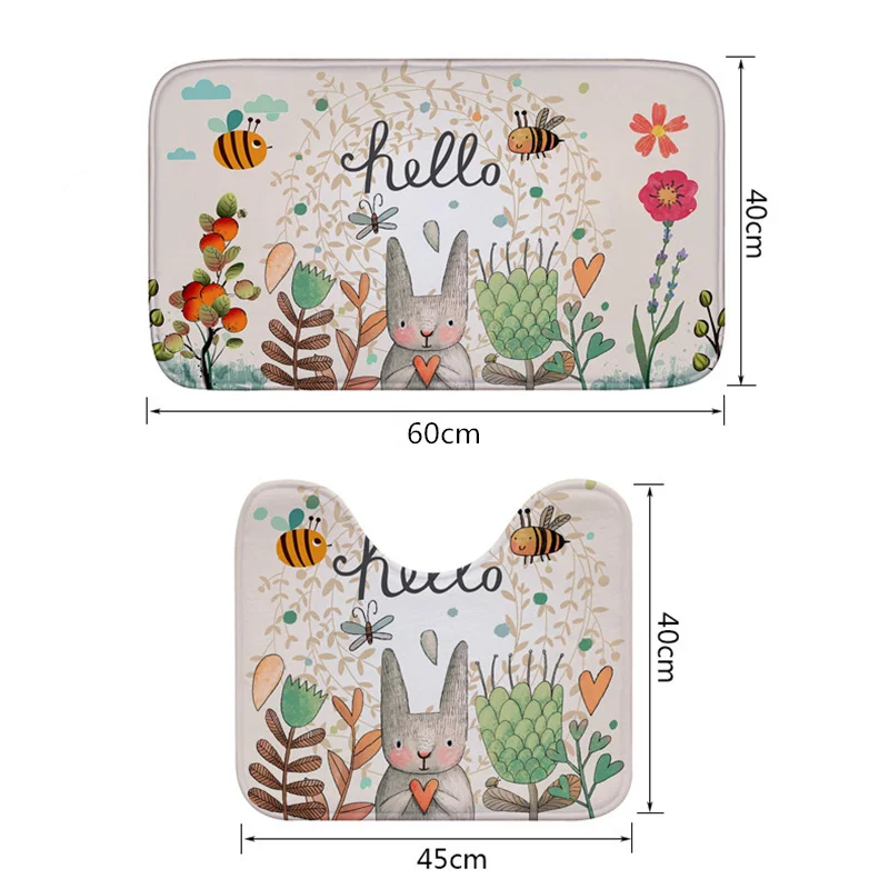 Bathroom Mat Absorbent Bathroom Mat Bathroom Floor Mat Toilet Mat Bath Mat Honlaker Hello Rabbit Flannel Non-Slip Set