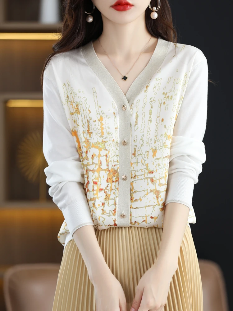 

2023 Spring New Mulberry Silk V-Neck Knitted Stitching Cardigan Women Loose Patchwork Color Patchwork Top Coat