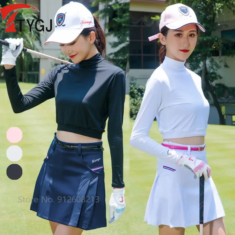 Ttygj Women Sunscreen Golf Cropped Tops Ladies Quick Dry Long Sleeve