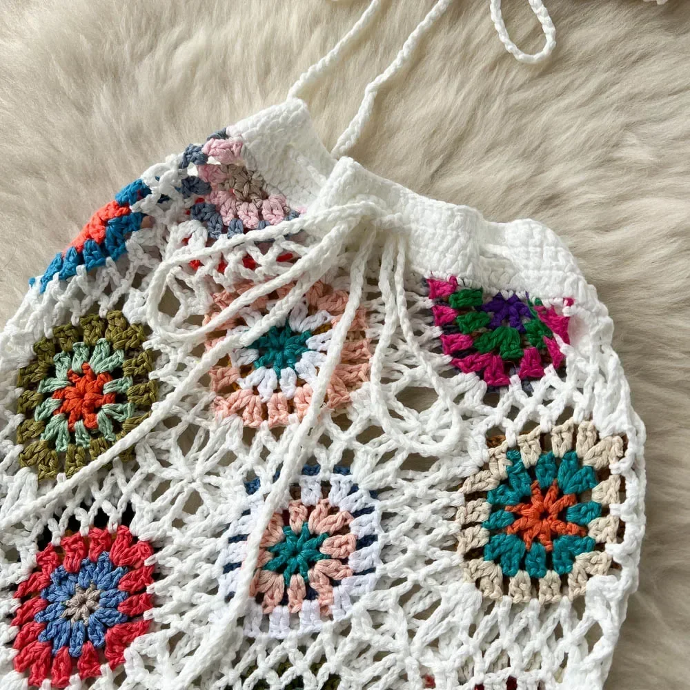 2024 New Bohemian Two Piece Knitted Sets Summer Hook Hollow Out Camisole Floral Irregular Tassel Skirt Sexy Beach Style Suits