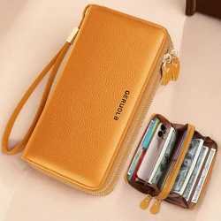 Elegant Genuine Leather Wallet with Wrist Strap - RFID Blocking, Zippered Coin Pocket & Multiple Card Slots (Yellow)