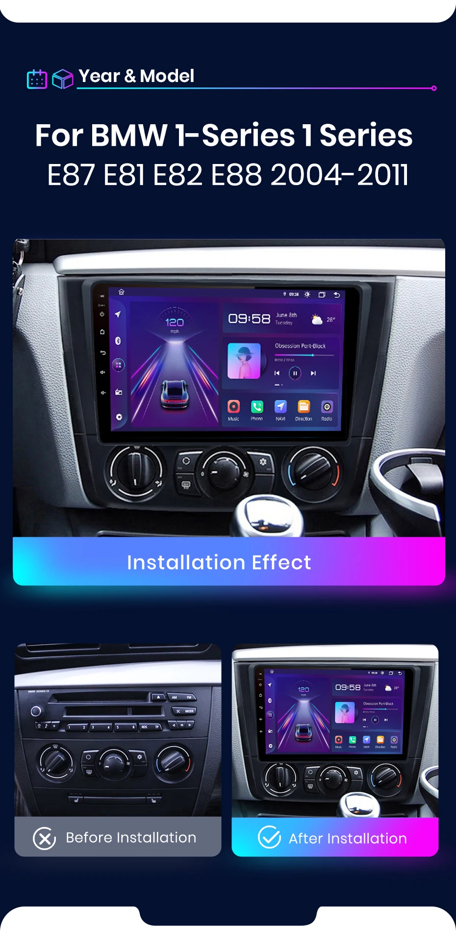 Junsun AI Wireless CarPlay für Apple Android14 Auto Autoradio für BMW 1-Serie E87 E81 E82 E88 2004-2011 Multimedia Navi Stereo – Detail 7