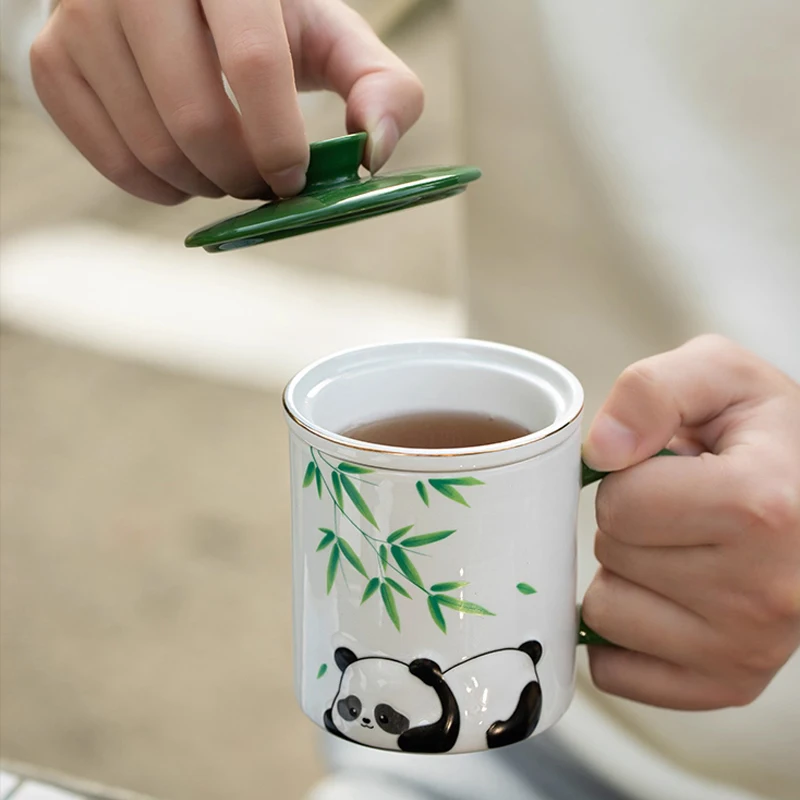 Chinese Style Ceramic Bamboo Panda pattern Mug Home Personal Creative Teacup With Cover Filtered Tea Water Separation 360ml, 1Pc