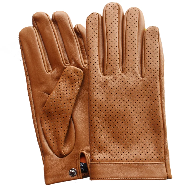 Men\'s 100% Real Leather Perforated Breathable Fashion Button Wrist Driving Golf Riding Touch Screen Short Gloves