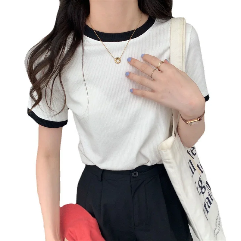 Summer New Crop Tops Fashion Women Slim O-Neck Patchwork Solid Y2K Women's Tops Casual Sweet Vintage Short Sleeve T-shirts 2025 5