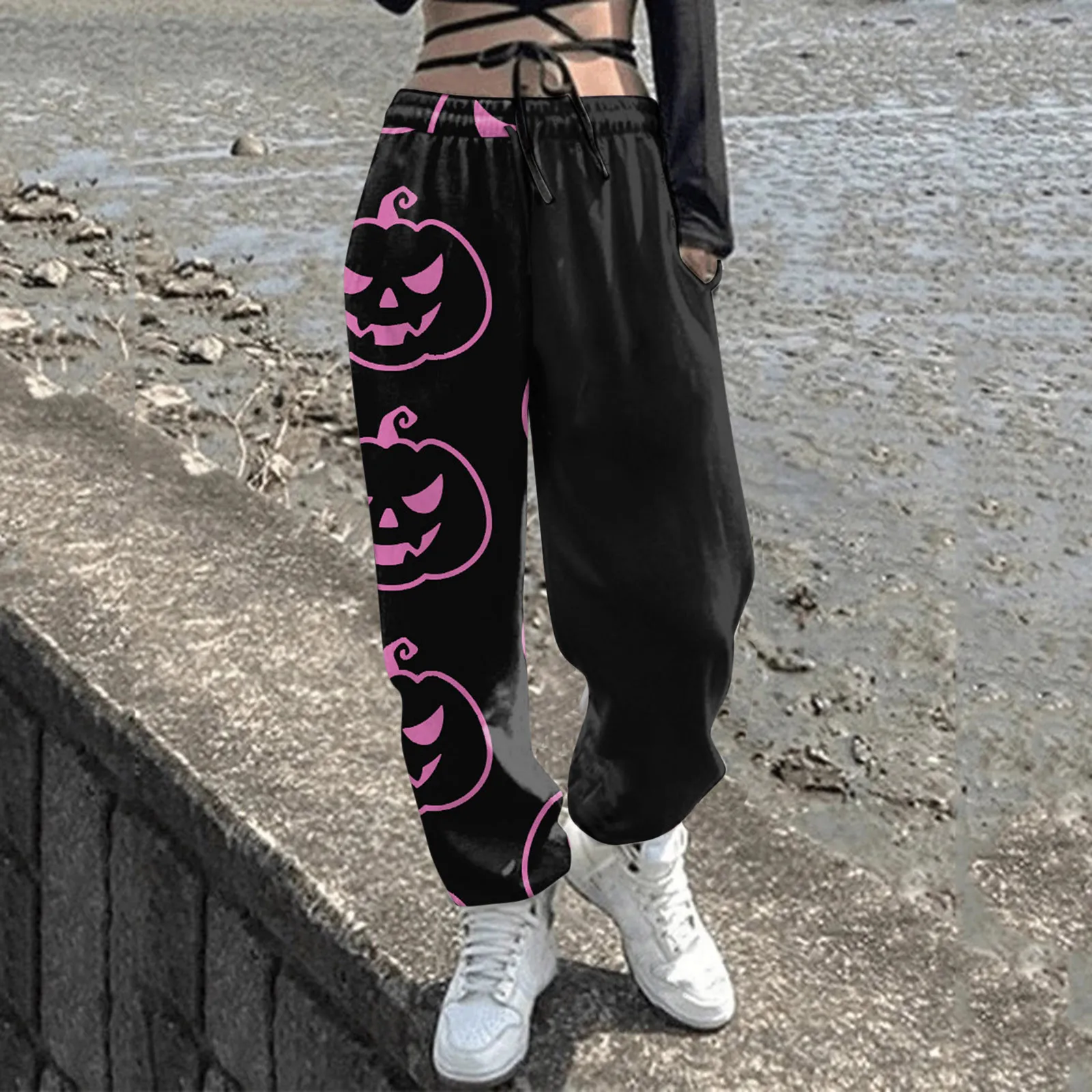 Womens Pants Long Ladies Pumpkin Halloween Cute Print Waist Drawstring Print Casual Pants