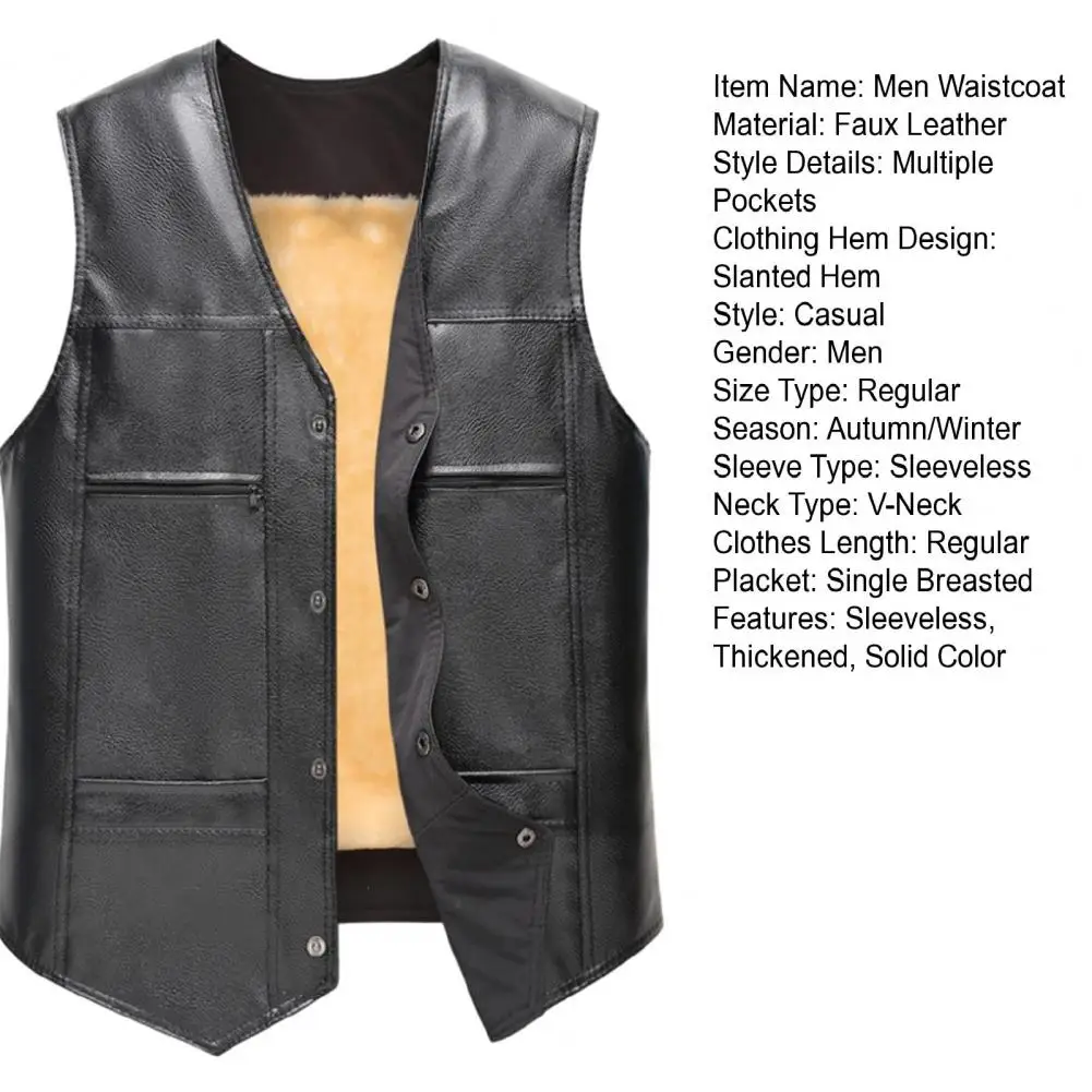 Description Picture 5 of itemMen Sleeveless Vest Stylish Men's Faux Leather Motorcycle Vest for Autumn Winter Single Breasted V-neck Sleeveless for Men
