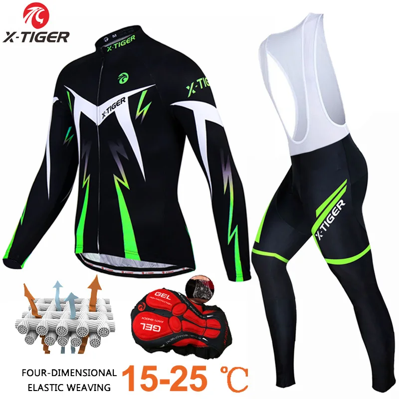Conjunto de maillot de ciclismo X-Tiger con tirantes acolchados de gel 5D y secado rápido para hombre, ropa de ciclismo de manga larga con protección solar