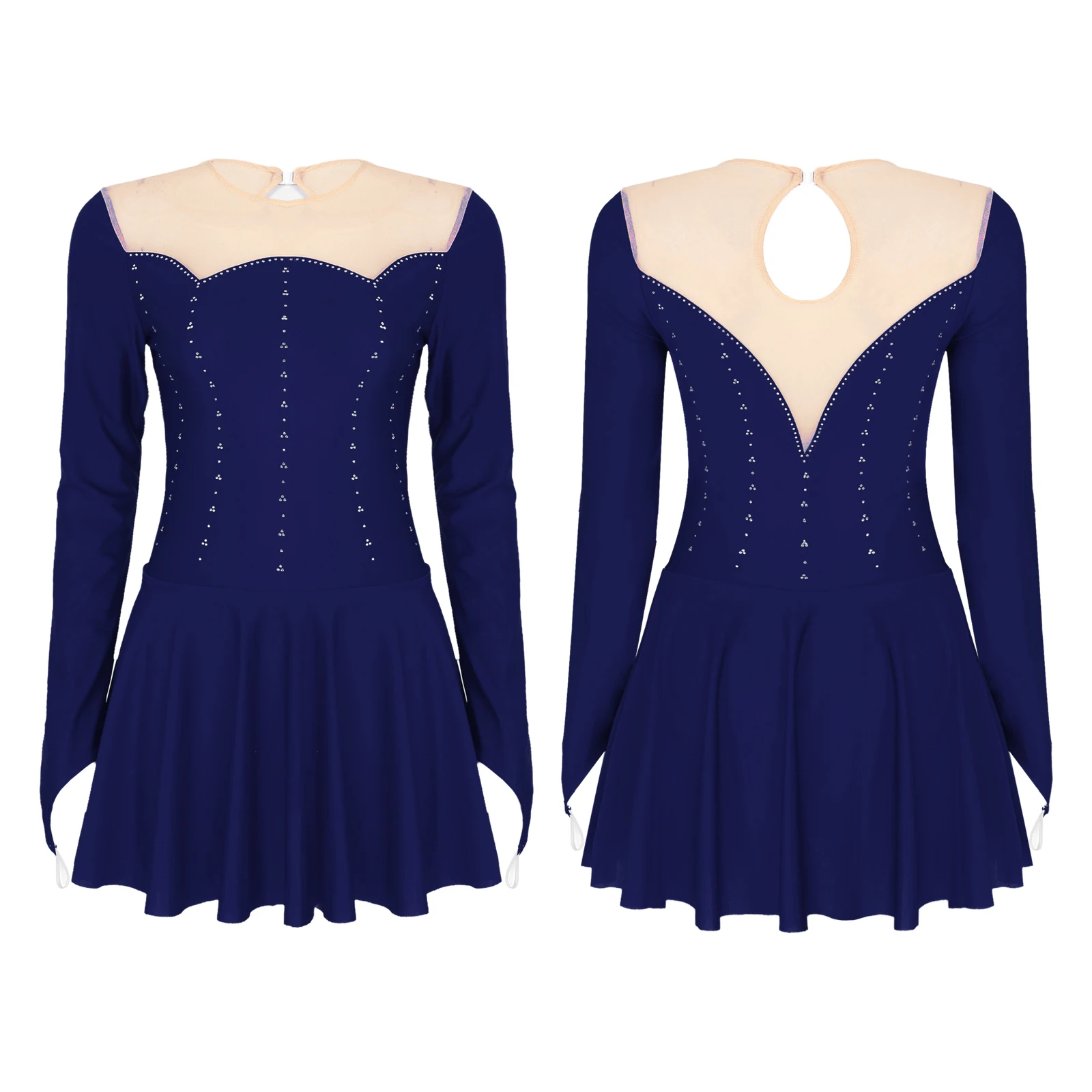 Womens Sheer Mesh Patchwork Glitter Rhinestone Dance Dress Figure Skating Costume Round Neck Long Sleeve Dresses