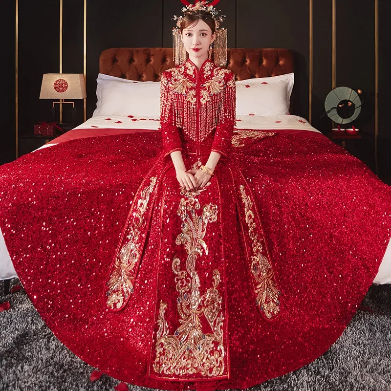 

Red Phoenix Embroidery Sequined Tassel Cheongsam Dresses For Women Men Chinese Wedding Dress Couple Xiuhe Hanfu Tang Suit 2xl