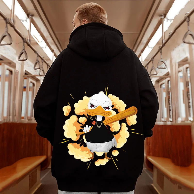 

2023 Fall and Winter Fashion New Men's Long-Sleeved Sweater Creative Fun Cartoon Duck Print Loose Casual Trend Padded Hoodie