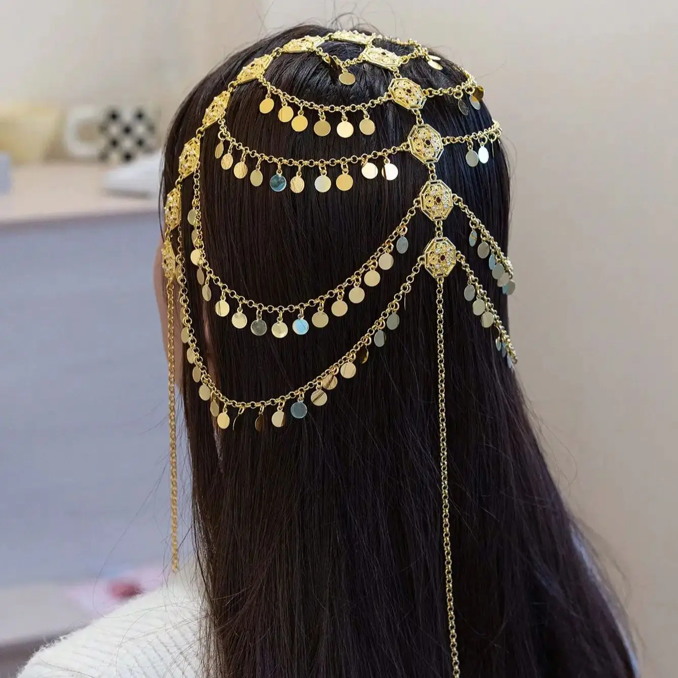 Arabian Nights Arabian Head Chain Kurdish-Ottoman Bridal Headdress: 24K  Gold Plated Coin Veil Chain