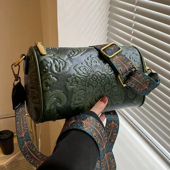 Retro Embossed Flower Leather Shoulder Bag, Classic Cylinder Crossbody Bag For Women  Daily use Party Work Gifts