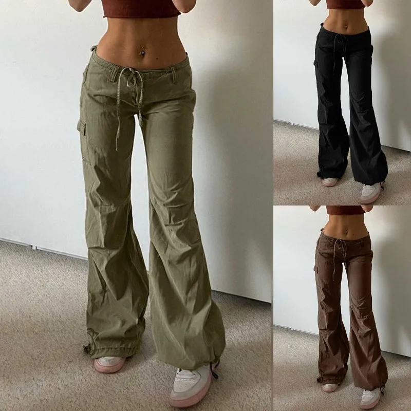 

Vintage Drawstring Low Waist Cargo Pants Women Casual Big Pocket Straight Leg Pants Woman Casual Loose Oversized Trousers 5XL