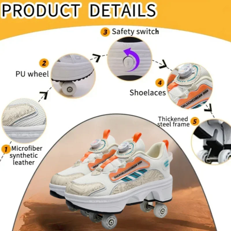 Children's Roller Skates Boys Girls Casual 4 Wheels with Brakes Outdoor Running Shoes Parkour Deformed Removable Fashion Skates