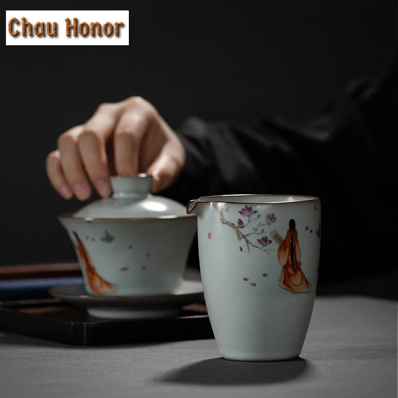 220ML Ru Kiln Ice Crack CeramicTea Pitcher Hand Painted Justice Cup Chahai Chinese Retro Porcelain Teaware Accessories Drinkware