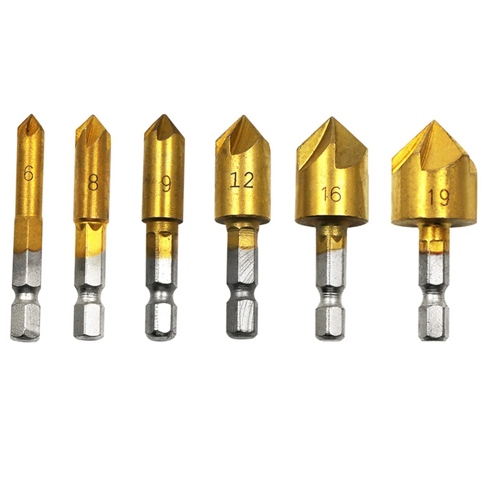

6 Pcs HSS Countersink Drill Bit Hex Shank 5 Flute Chamfering Cutter 6mm-19mm For Wood Alumiumn Board Drilling Woodworking Tools