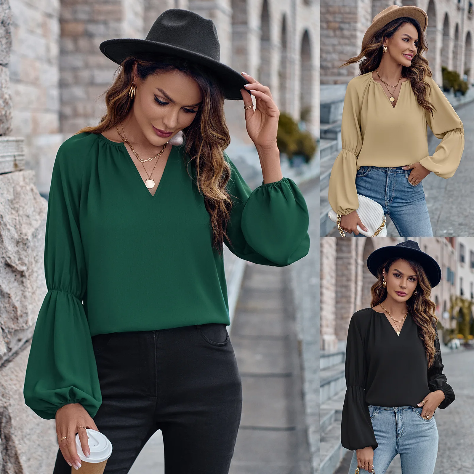 

2023 Fashion Trend Women's New Solid Color V-neck Loose Casual Autumn and Winter Ladies' Tops