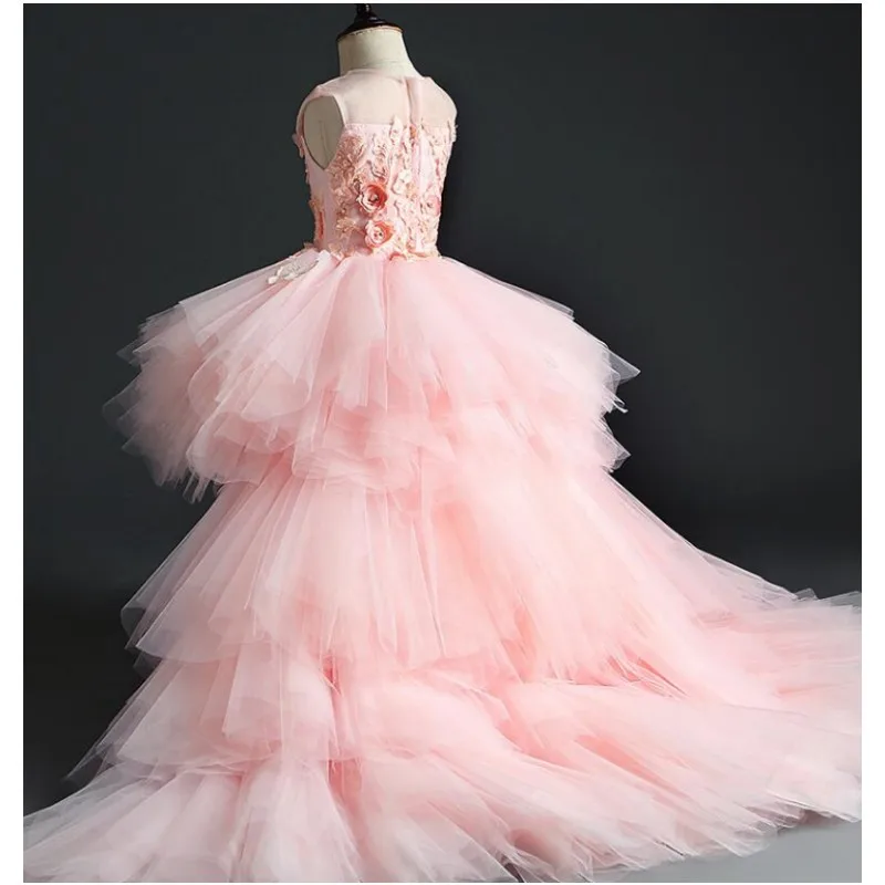 Girl Wedding Party Flower Girl Dresses Pink Tulle Trailing Princess Gown Beaded Floral Girls Pageant First Communion Gown