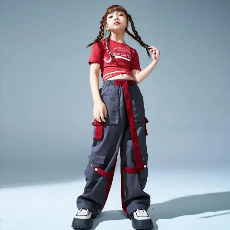 

Streetwear Clothes Sets Kids Street Dance Jazz Stage Costumes Hip Hop Girls Crop Tank Tops Loose Cargo Pants Children Show Cool
