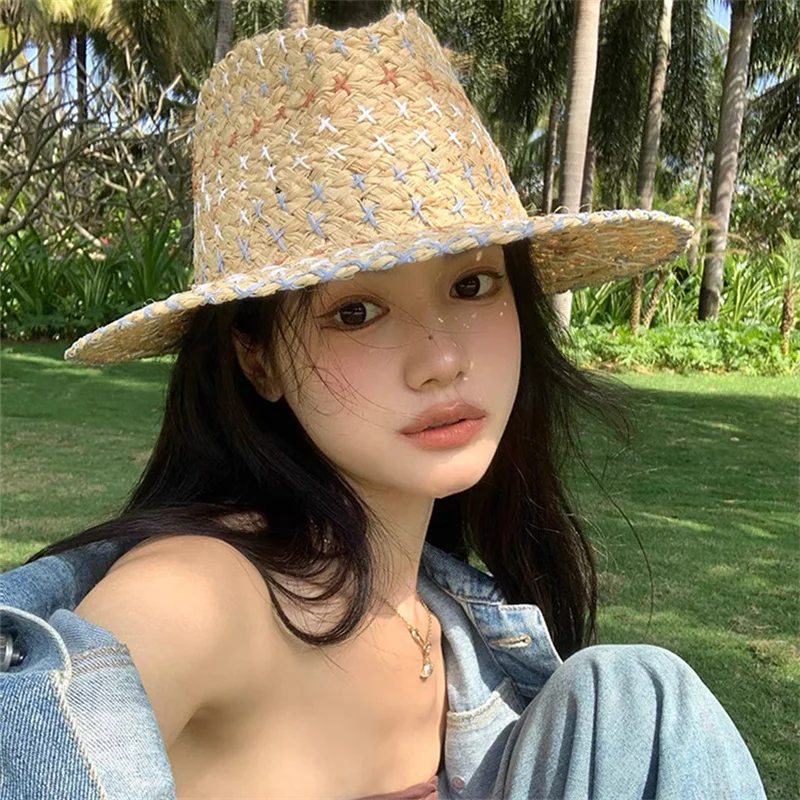 

Summer Concave Top Colorful Woven Lafite Straw Hat for Women's Beach Vacation Grass Woven Jazz Hat with Large Eaves Sunshade Hat