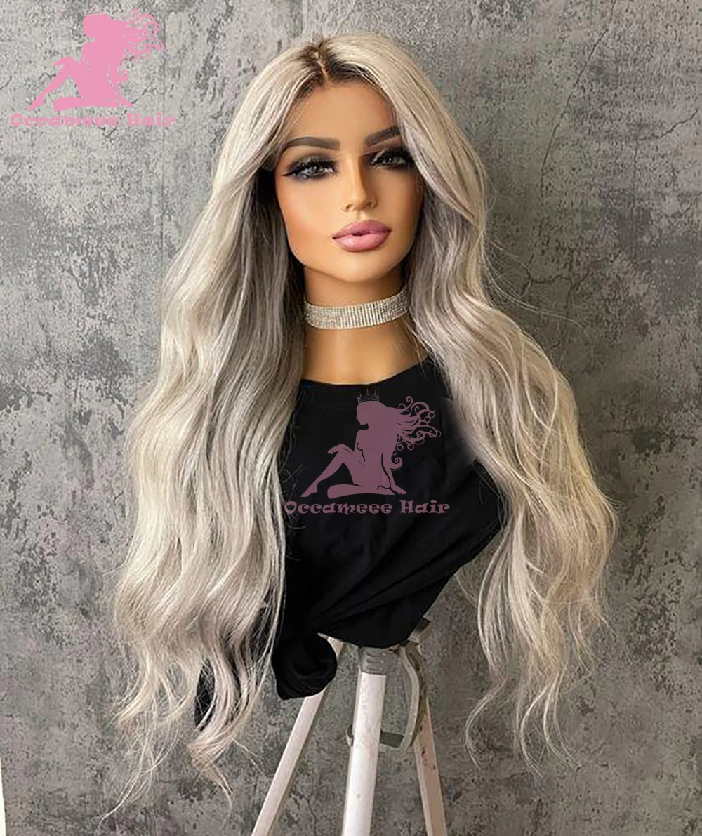 Ombre Ash Blonde Human Hair Wig Lace Front Brown Roots Natural Wave 13x6 Lace Frontal Wigs Transparent Lace Brazilian Preplucked