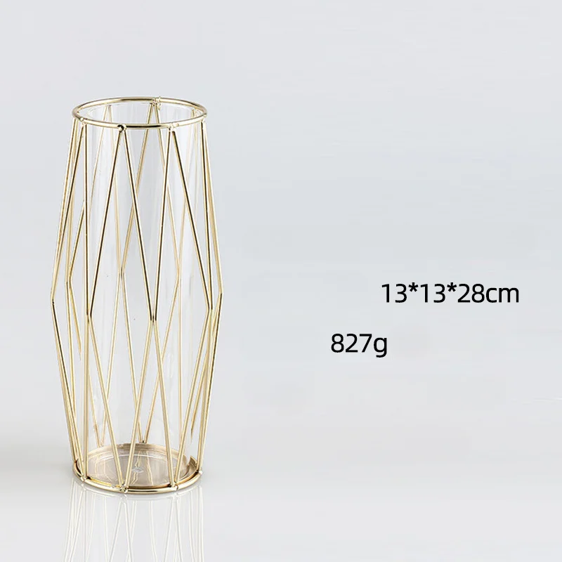 Nordic Diamond-shaped Iron Art Glass Vase Gold Plated Flower Vase Tabletop Vase Flower Pot Home Wedding Decoration