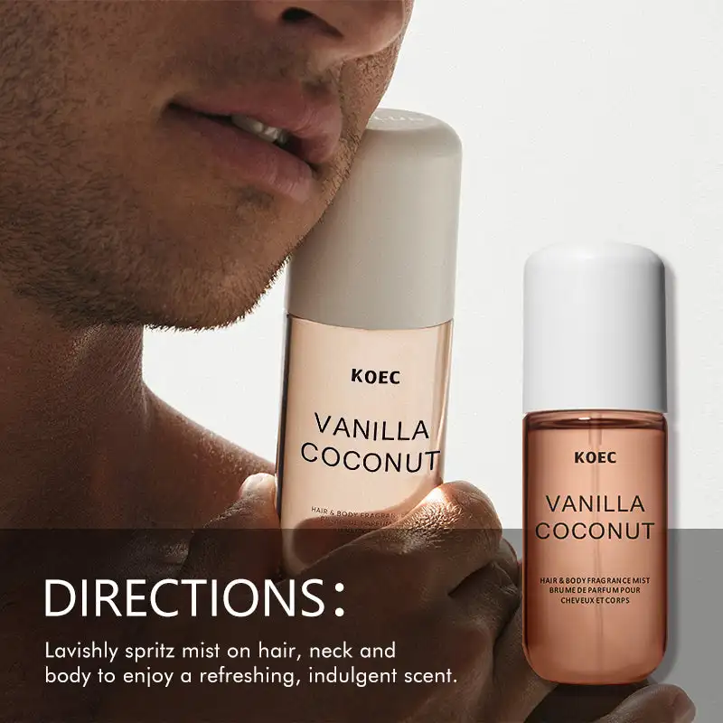 Brume parfumée KOEC Vanille & Noix de coco. Parfum rafraîchissant et hydratant aux trois notes végétales. Contient du propylène glycol._voghion.com