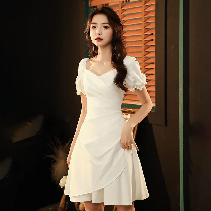 

White Short Evening Dress French Style Simple Solid Color A-Line Square Collar Puff Sleeve Engagement Dresses for Ladies