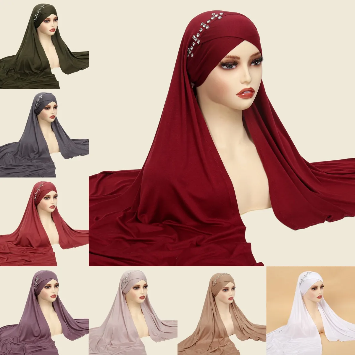 

Forehead Cross Diamond Hat with Jersey Cotton Scarf Instant Hijab Underscarf Bonnet Muslim Women Long Shawl Veil Amira Headwrap