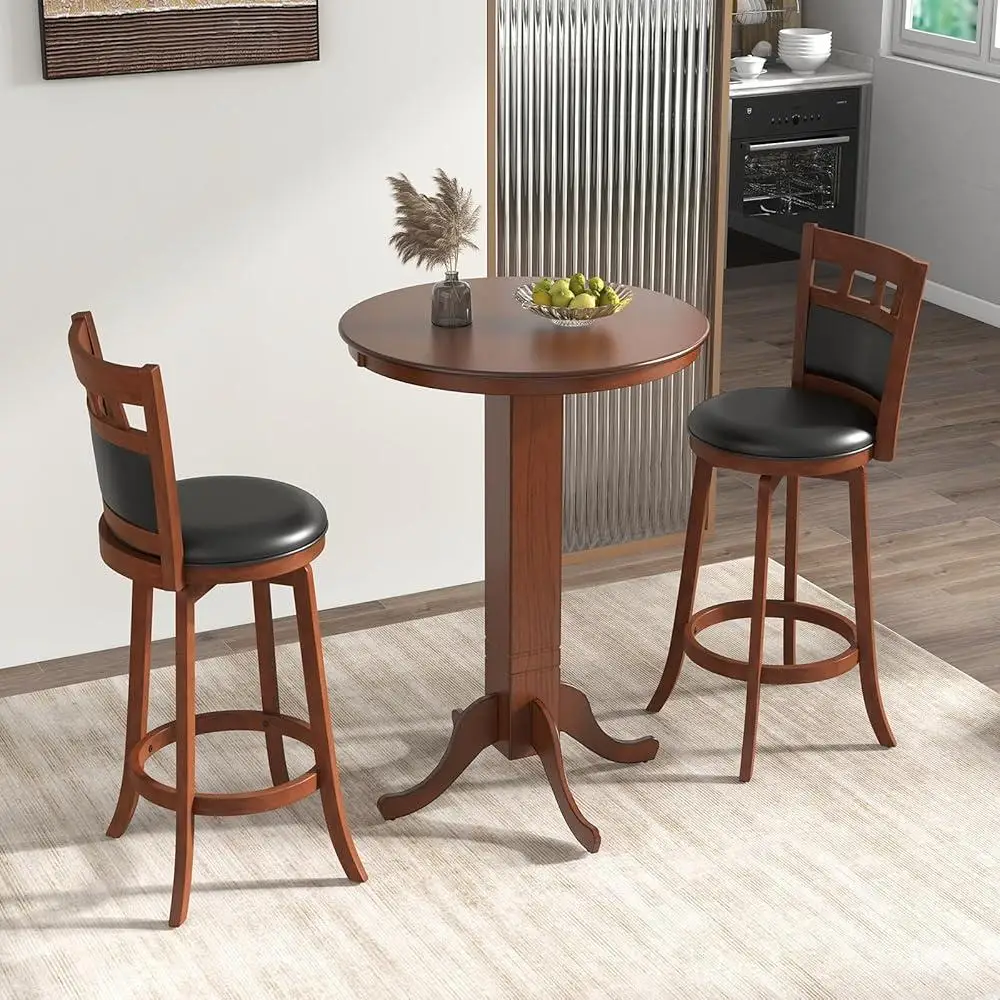 3 Piece Round Bar Table Set with 2 Upholstered Swivel Stools Rubber Wood Frame Kitchen Dining Home Decor 5