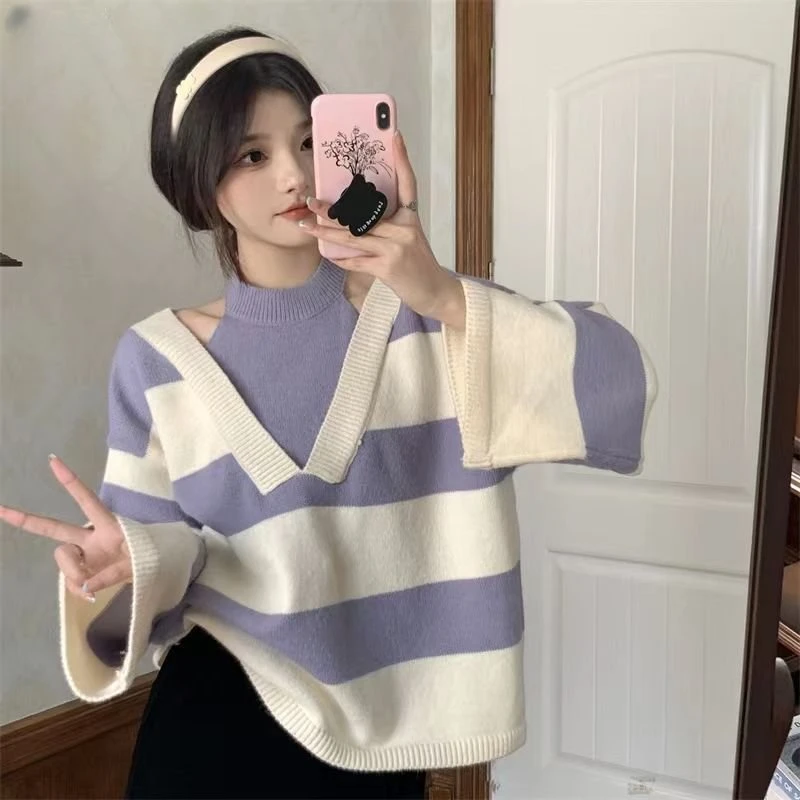 

Off Shoulder Fashion Fake Two Piece V-Neck Sweater Women's Spring and Autumn 2023 New Slouchy Stripe Loose Knit Top Korean