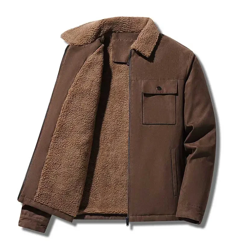 Autumn Winter Men Jackets Suede Warm Fleece Thick Casual Turn Down Collar Windbreaker Zipper Cargo Jacket Coats Male Solid Parka
