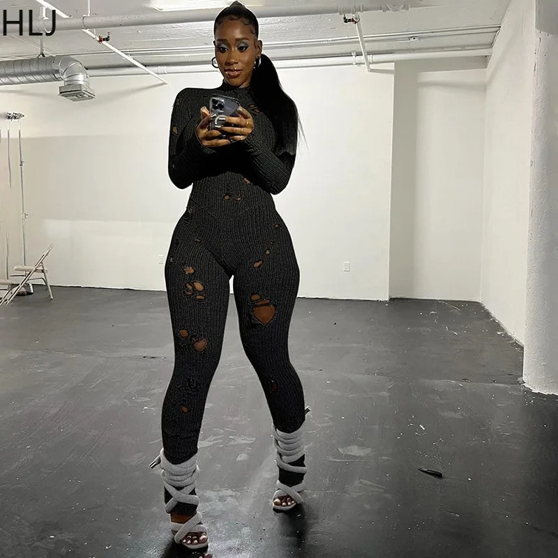 HLJ Sexy Knitting Hole Bodycon Jumpsuits Women Round Neck Long Sleeve Slim Hollow Out Slim Playsuits Female Solid Sporty Rompers