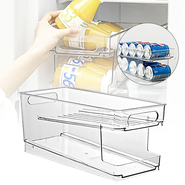 2-Tier Rolling Refrigerator Organizer Bins Soda Can Beverage Bottle Holder  For Fridge Kitchen Plastic Storage Rack Container