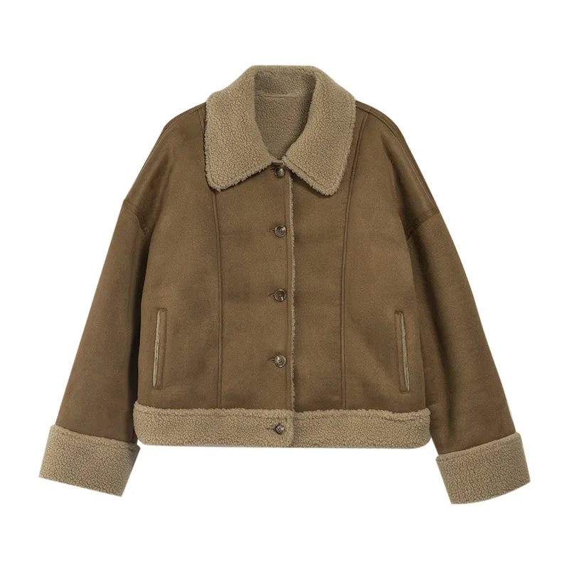 

Корейское пальто из овечьей шерсти, женская зимняя повседневная свободная однобортная короткая куртка, теплая Офисная женская утепленная меховая верхняя одежда