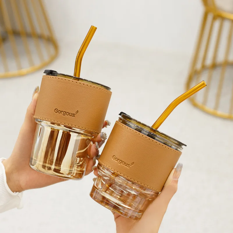 420ml 450ml Glass Cup With Lid And Straw Coffee Mug Heatresistant