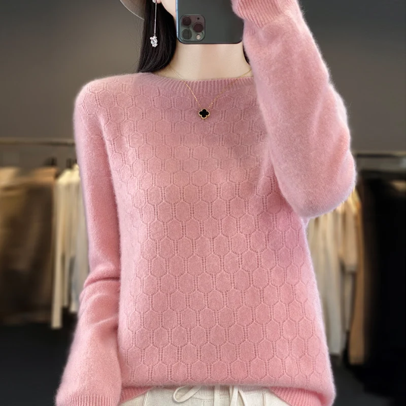 

Autumn And Winter New Woolen Sweater Women's Round Neck Long Sleeve Pullover 100% Pure Wool Seamless Hollow Space Knitted Shirt