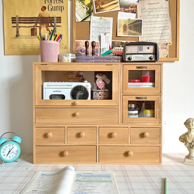 

Wooden Multi-Compartment Desktop Cabinet, Vintage Trinket Box, Dust-Proof Drawer Unit, Cosmetic and Jewelry Storage