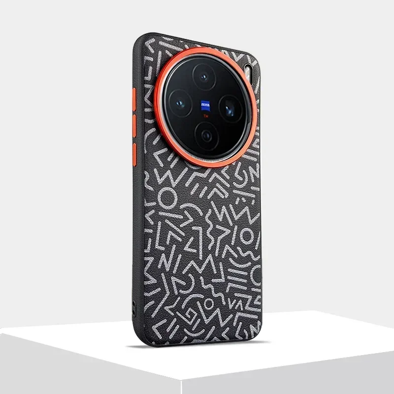 Graffiti-Style Leather Phone Case with Metal Lens and All-Inclusive Protection