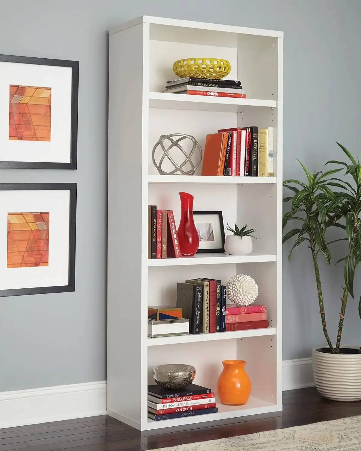 

Bookshelf with 5 Shelf Tiers,Adjustable Shelves,Tall Bookcase Sturdy Wood with Closed Back Panel, White Finish