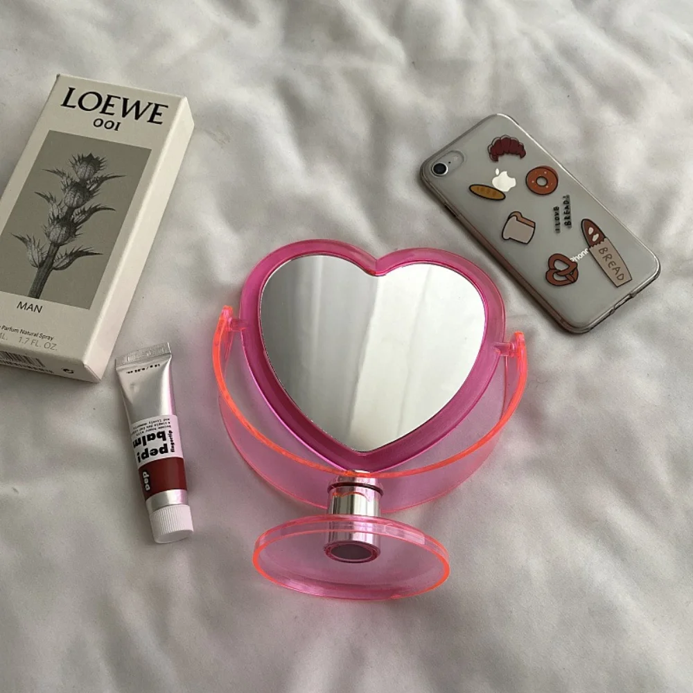 아크릴 양면 메이크업 거울, 귀여운 하트 모양 화장품 거울, 투명 베이스, 홈 침실 데스크탑 메이크업 거울, 1 개
