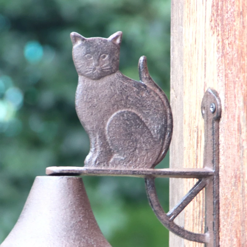 Rustic Cast Iron Cat Wall Hand Cranking Bell Double-sided Farm House Accents For Home Garden Office Bar Outdoor Decoration 5