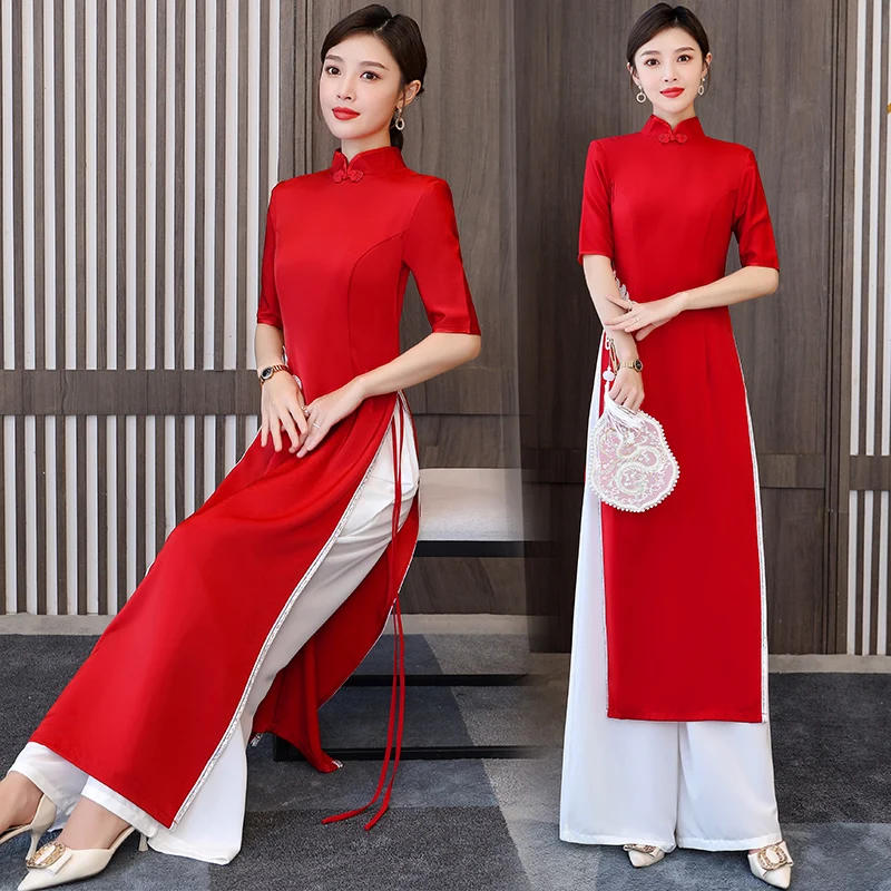 

2024 chinese vinatge style dress oriental women long skirt cheongsam classical qipao ao dai traditional dress 5XL red dress