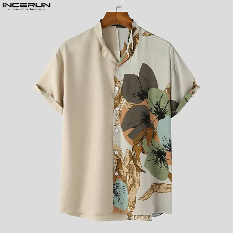 

2024 Men Shirt Print Patchwork Lapel Short Sleeve Streetwear Men Clothing Vintage Button Up Summer Casual Shirts S-5XL INCERUN