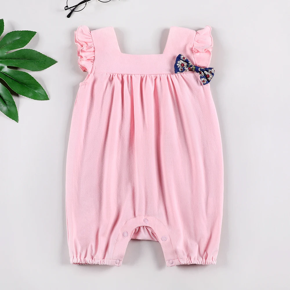 Baby Pink Romper Flutter Over All Jumpsuit Bow Knot Newborn Infants Daily Outfit