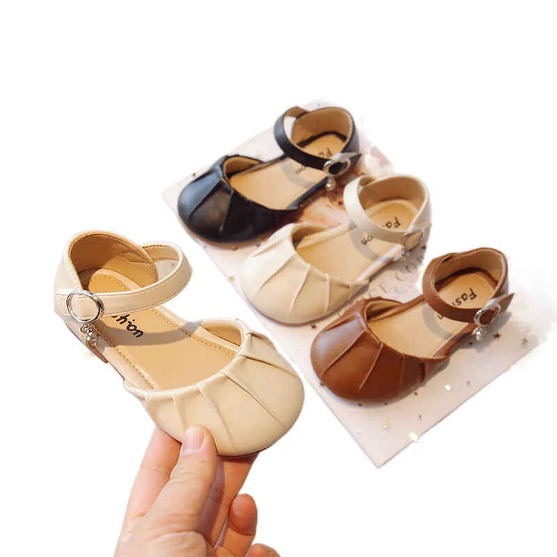 Girls Lace Pleated Half Sandals Spring Summer Children's Solid Leather Shoes Kids Pleated Princess Soft Bottom Closed Toe Shoes