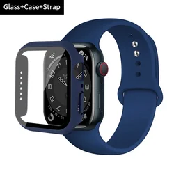 Premium Silicone iWatch Band with Protective Glass Case & Strap - Compatible with Multiple Sizes for 45mm series 7 8 9 (16 dark blue)