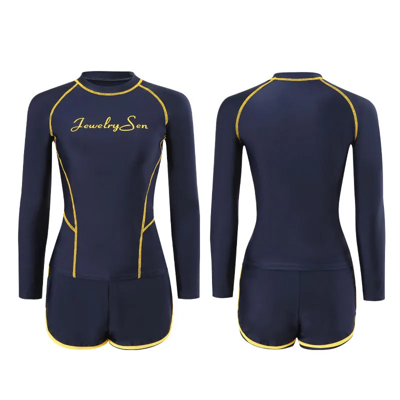 여성용 투피스 긴팔 수영복, 자외선 차단 래시가드 잠수복, 수영복 세트 셔츠, 보이숏 하의 