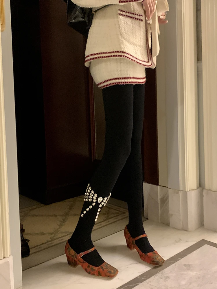 Bow Rhinestone Belly Contracting Hip Lifting Pressure Slimming Autumn and Winter Thermal Pantyhose Women